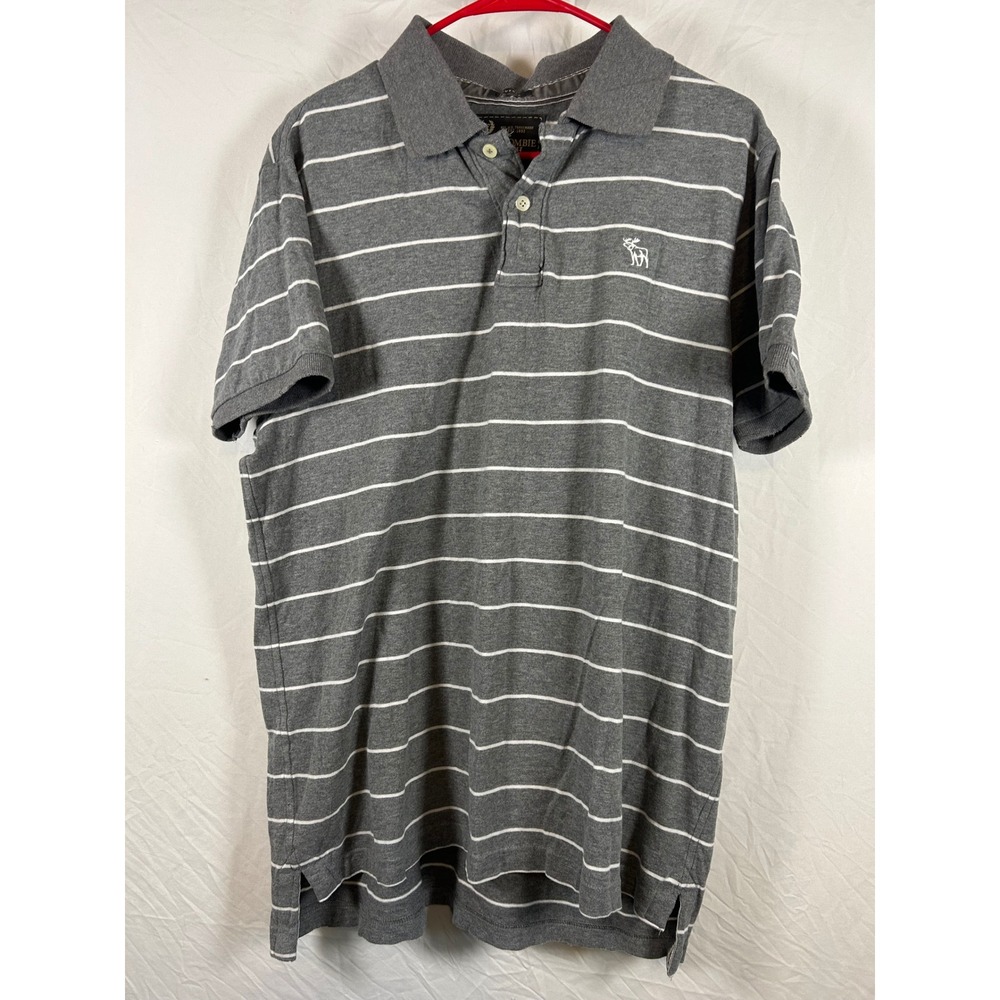 Abercrombie & Fitch Mens Muscle Fit Polo Shirt XL Grey White Striped Cotton Logo